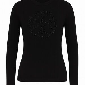 Tory Burch Black Rhinestone Logo Long Sleeve Pullover Wool Blend